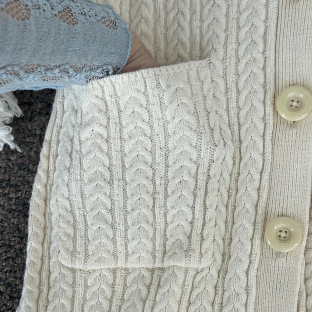 Vintage Nine West Cream Cable Knit Long Crochet Cardigan with Fringe Trim